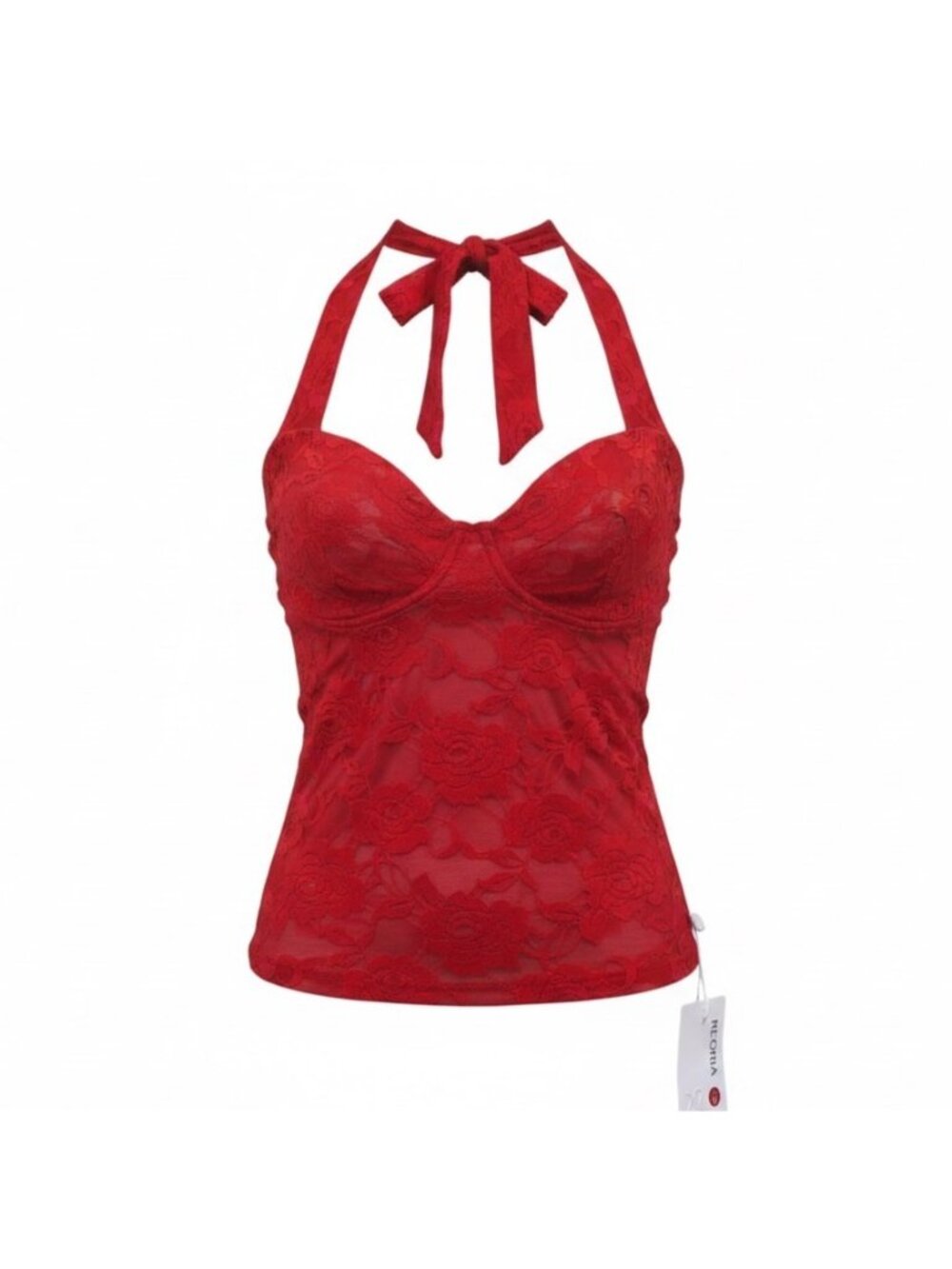 Reoria Womens Red Lace Halter Top Sheer Floral Tie-Neck Camisole Size M